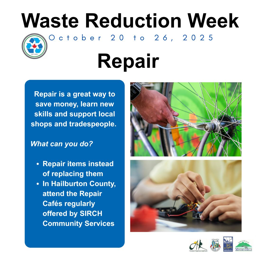 WASTE REDUCTION WEEK: REPAIR

Repair - Saturday

Repair is a great way to save money, learn new skills, and support your local repair shops and tradespeople. Repairing something instead of replacing it prevents the need for a new product to be made!