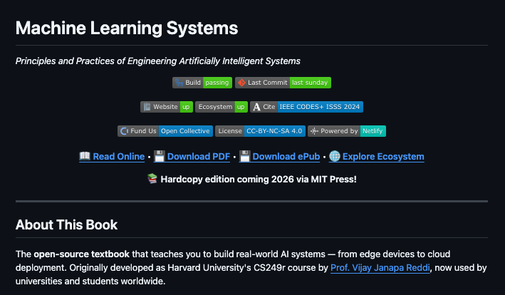 surim0n's tweet image. machine learning textbook teaching you to build real-world AI systems
- developed as Harvard University's CS249r course by Prof. Vijay Janapa Reddi, now used by universities and students worldwide.