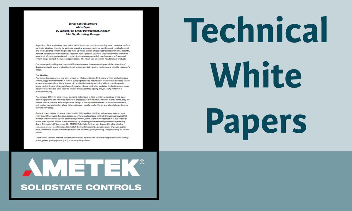 AMETEK Solidstate Controls provides technical white papers on industrial Uninterruptible Power Supply (UPS) systems and our other product lines. Discover and learn how to use the systems in all work environments, no matter how demanding at solidstatecontrolsinc.com/knowledgecente…