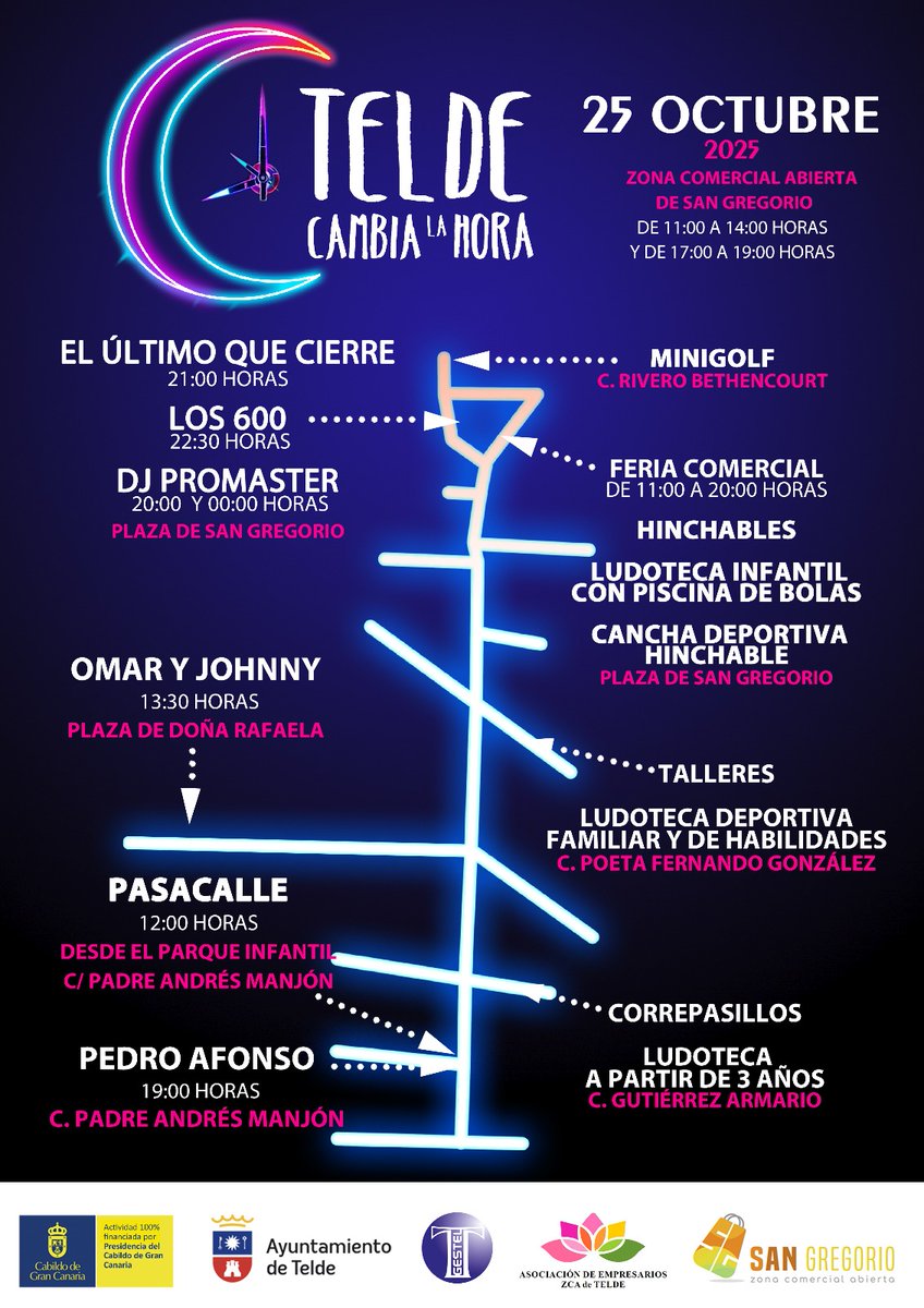 🕐 Telde cambia la hora este sábado ⌛

🎉 Feria comercial, actividades infantiles y actuaciones musicales durante toda la jornada 🧩🎸

⛺ Feria comercial a cargo de la ZCA de San Gregorio en el entorno de la plaza de Los Llanos - 11.00 a 20.00 horas