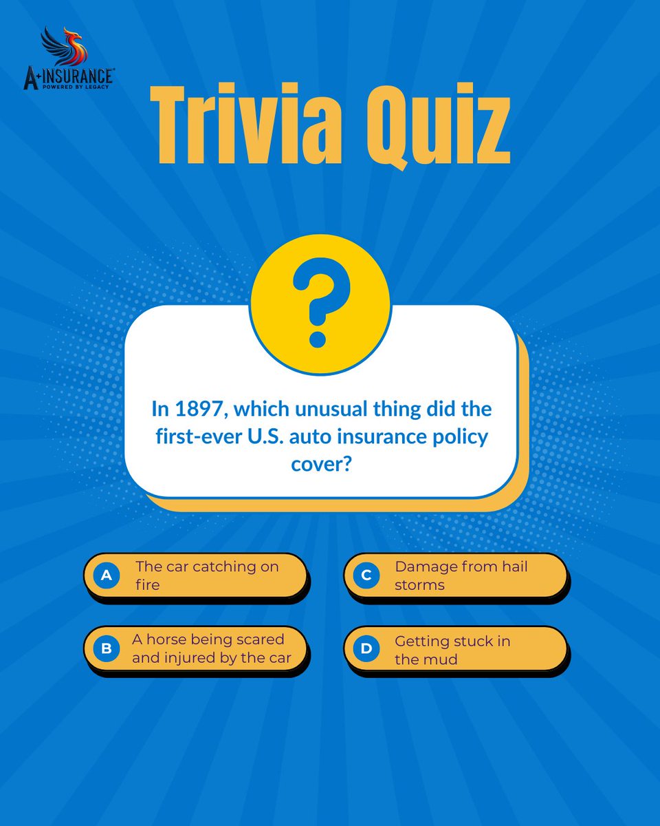 BestAutoRate's tweet image. ❓Trivia Time!
In 1897, the first U.S. auto insurance policy covered something unusual. 🚗💡

Which one do you think it was? 👇

👉 Drop your answer in the comments! Then get a real insurance quote at learnandserve.org

#AutoInsurance #CarInsurance #InsuranceTrivia