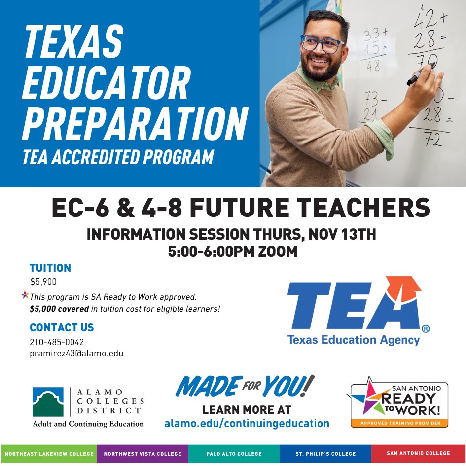 📣 Calling all aspiring educators!
Thinking about becoming a teacher in Texas? Join us for an Info Session on November 13 @ 5 PM (CST) via Zoom hosted by the Alamo Colleges. 

🗓️ Date: November 13, 5:00 – 6:00 PM CST
💻 Location: ow.ly/EGGv50XeSPT