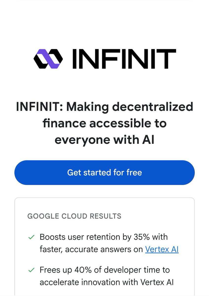 Infinit is redefining the boundaries of modern finance through its new collaboration with Google

Together, they’re building the foundation of Agentic Finance, where AI agents coordinate strategies, optimize yields, and manage portfolios across every chain.

Powered by Vertex AI,