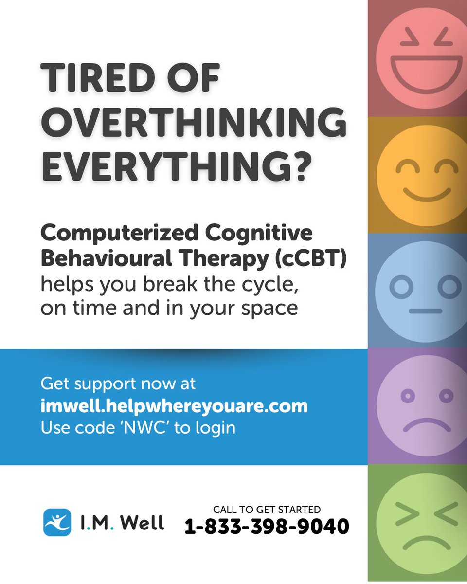 You are not alone.

I.M. Well’s cCBT (Computerized Cognitive Behavioural Therapy) gives you tools to understand and manage your thoughts in your own time and space.

Try it now using the I.M. Well App. Download and register for a chance to win a $50 grocery gift card this October