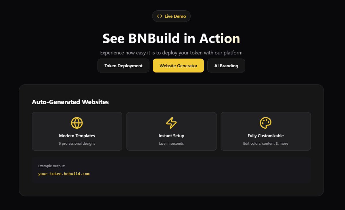 BNBuildBSC's tweet photo. A few key features with BNBuild's AI Website Generator:

- Modern &amp; Multiple Website Templates

- Instant Setup 

- Fully Customisable UI &amp; webpages

Try it now:

https://t.co/8eSBTwutBn https://t.co/qt4CuqXVSn