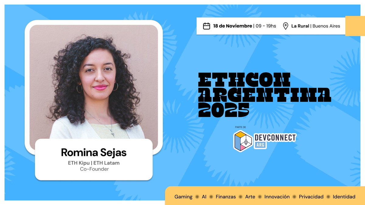 Ultra Sound Party 🔥 Aug 13 📆 (@ultrasoundparty) on Twitter photo 🙌🏻 Una gran alegría contar con <a href="/cryptochica_arg/">Romina 🔜ETH Latam 🇧🇷 🦇🔊🇦🇷</a> en <a href="/ETHConAR/">ETHCon Argentina</a>.
Cofundadora de <a href="/ETHKipu/">ETH Kipu</a>, Romi impulsa la educación en Ethereum en toda la región.
🇧🇷 También lidera la organización de @ETHLatam São Paulo 2025, la parada clave rumbo a Devconnect para los builders de todo el mundo. 🙌🏻 Una gran alegría contar con <a href="/cryptochica_arg/">Romina 🔜ETH Latam 🇧🇷 🦇🔊🇦🇷</a> en <a href="/ETHConAR/">ETHCon Argentina</a>.
Cofundadora de <a href="/ETHKipu/">ETH Kipu</a>, Romi impulsa la educación en Ethereum en toda la región.
🇧🇷 También lidera la organización de @ETHLatam São Paulo 2025, la parada clave rumbo a Devconnect para los builders de todo el mundo.