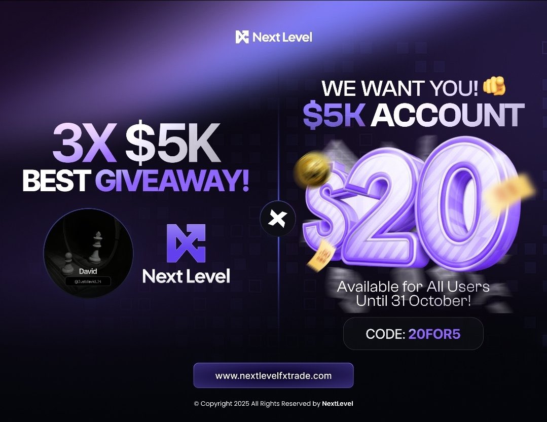Justdavid_14's tweet image. 🚀 $5K Giveaway Alert!

I’ve partnered with @next_level_prop  for a 3× $5K account giveaway!
Use code DAVID20 for 20% off 🔥 

To join:
1️⃣ Follow both pages @RealDennis010 @next_level_prop 
2️⃣ Tag 3 friends &amp;amp; comment “I’m ready!”

Winners in 72 hours! 🔥