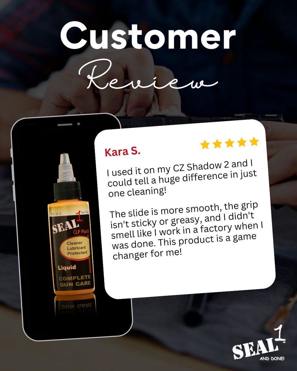SEAL1Products's tweet image. Thanks, Kara, for the awesome feedback!

Tired of greasy grips, harsh chemical smells, and gunked-up slides? SEAL 1 fixes all that. One clean and your firearm feels smoother, cleaner, and ready for action—without the mess or smell.

 #SEAL1 #NonToxicGunCare #BioBased