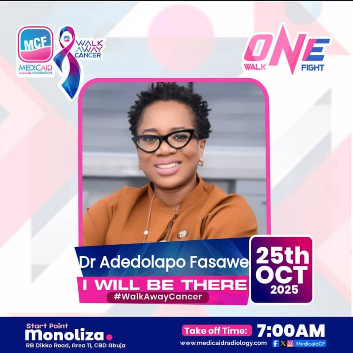 drdolapofasawe's tweet photo. This Saturday: We walk! 🚶♀
Joining the Medicaid Cancer Foundation for the #WalkAwayCancer 2025 advocacy walk in Abuja.

See you at Monoliza Abuja, 7:00 AM! 🎗
#WalkAwayCancer #FCTHealth #CancerAdvocacy #Hope #Abuja https://t.co/Kt54ibrXPC