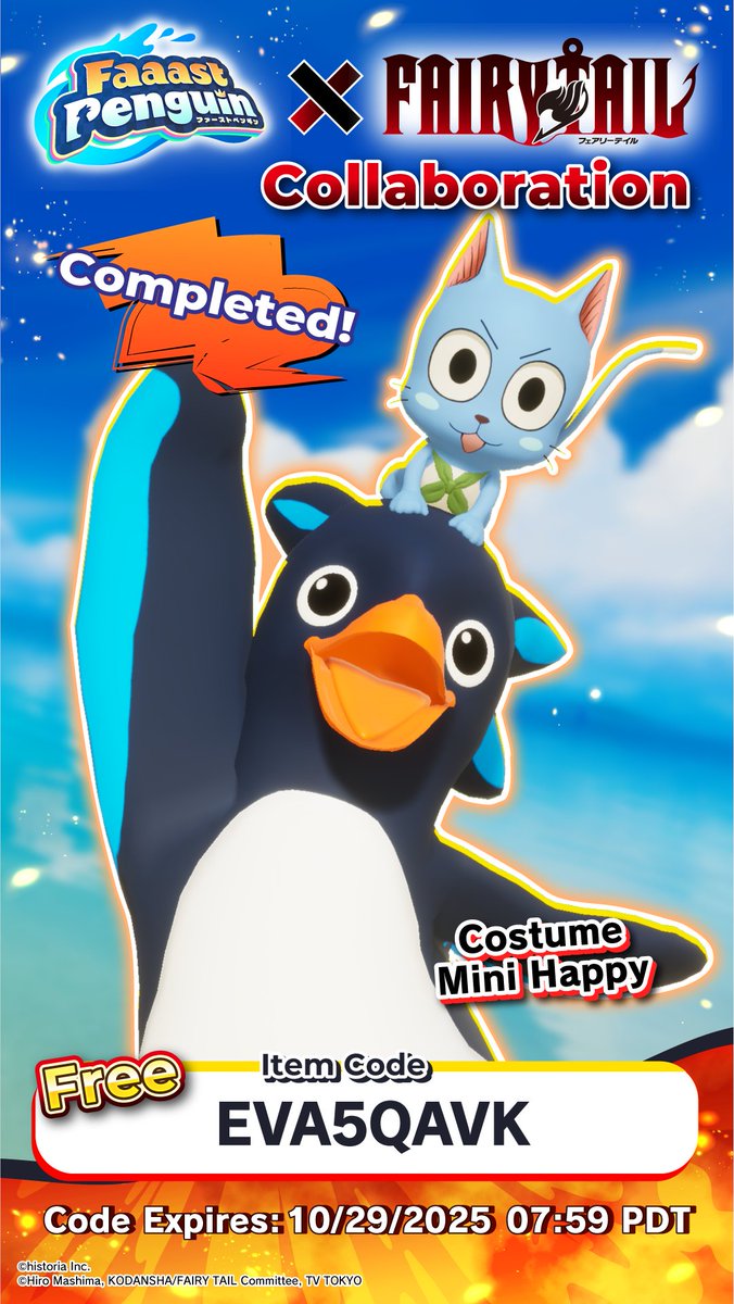 ＼ Mission Complete! ／
Acnologia has been defeated thanks to everyone’s power! 💥

🎁 Use item code " EVA5QAVK " to claim your reward!

※ Acnologia will still appear—keep challenging and see how much damage you can deal!
#FaaastPenguin #FAIRYTAIL