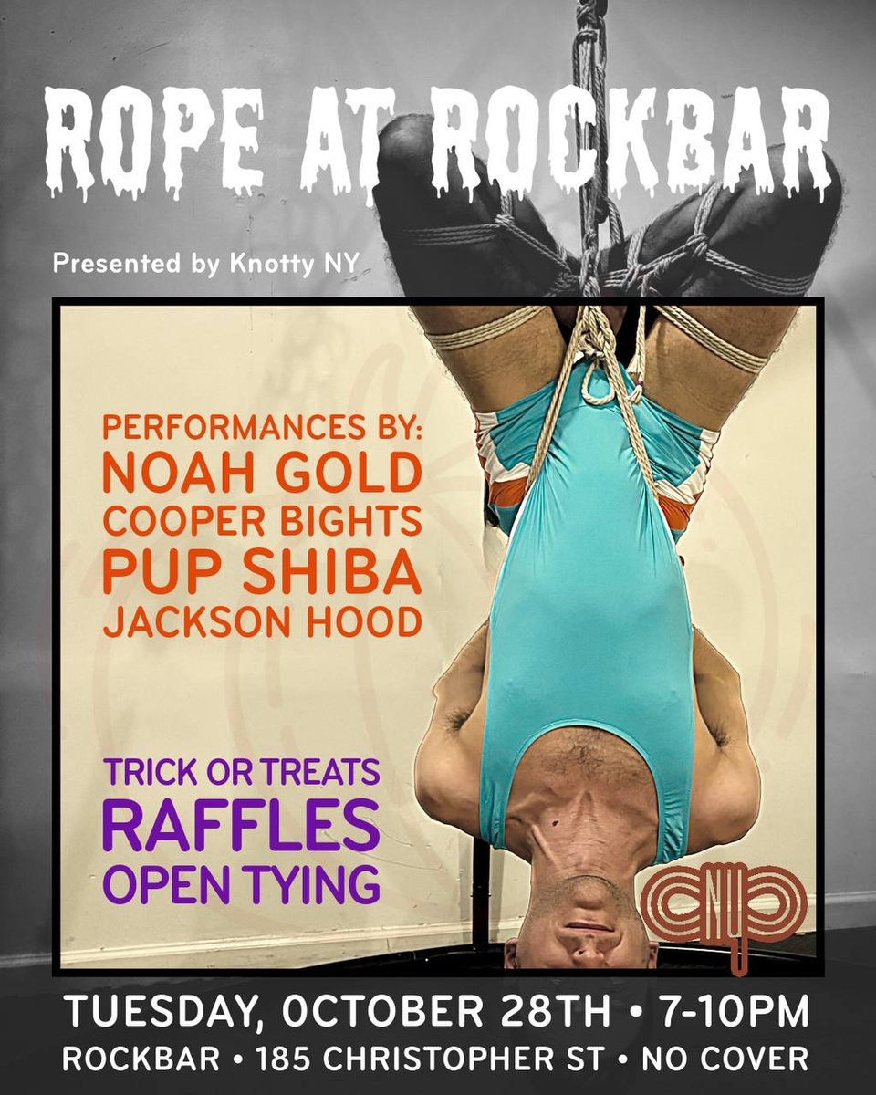 Join us Tues, 10/28 at Rockbar 7-10 for Rope at Rockbar! No cover! 
Open tying, raffles, hot riggers, cute bunnies. Special guest <a href="/NoahGoldxxx/">Noah Gold NYC</a> will be suspended!!