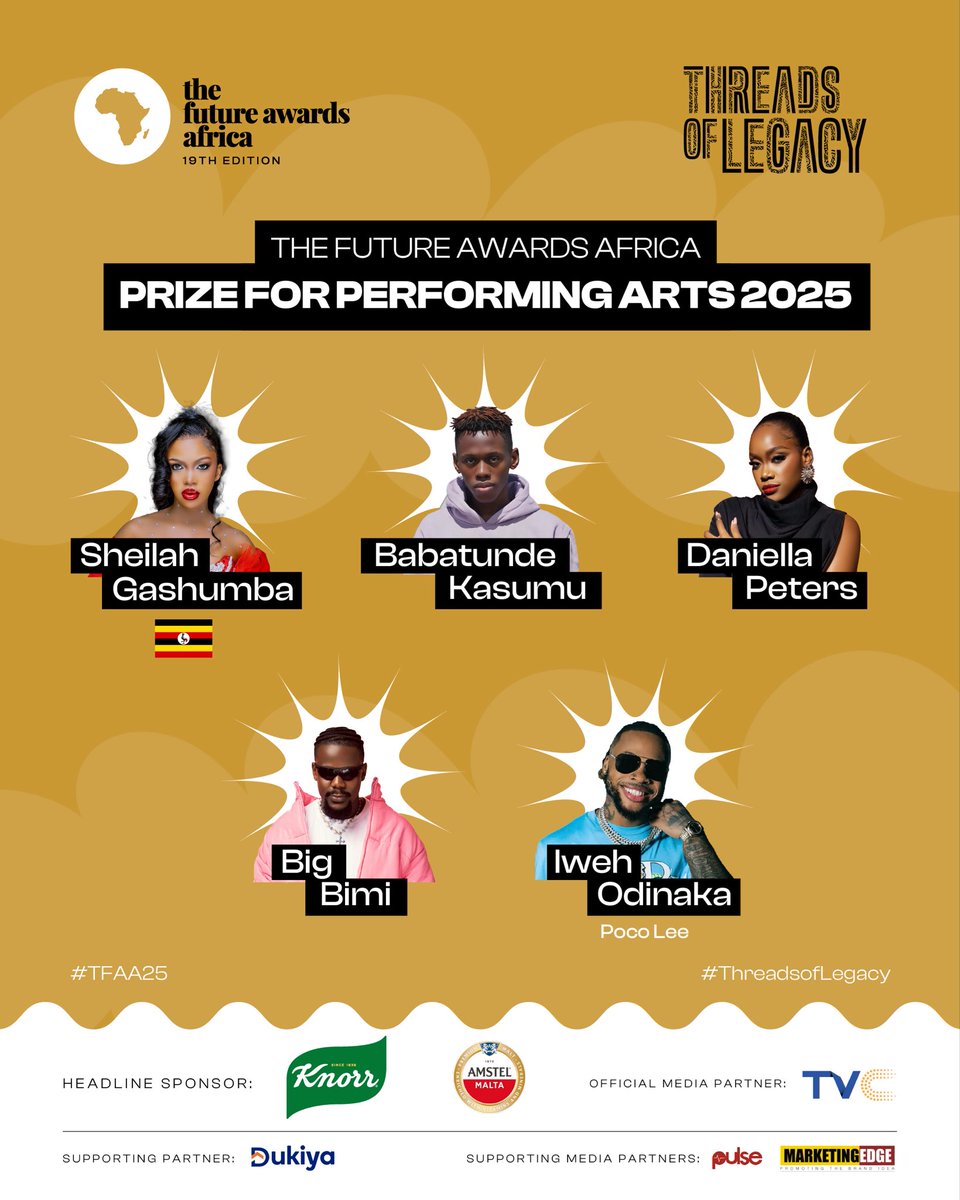 TFAAfrica's tweet image. Presenting the 2025 nominees for The Future Awards Africa Prize for Performing Arts!

From theatre to film, dance to music, these artists embody passion, creativity, and the power of storytelling that moves generations.

#TFAA19 #ThreadsOfLegacy 
#TFAA19Nominees Unveiling