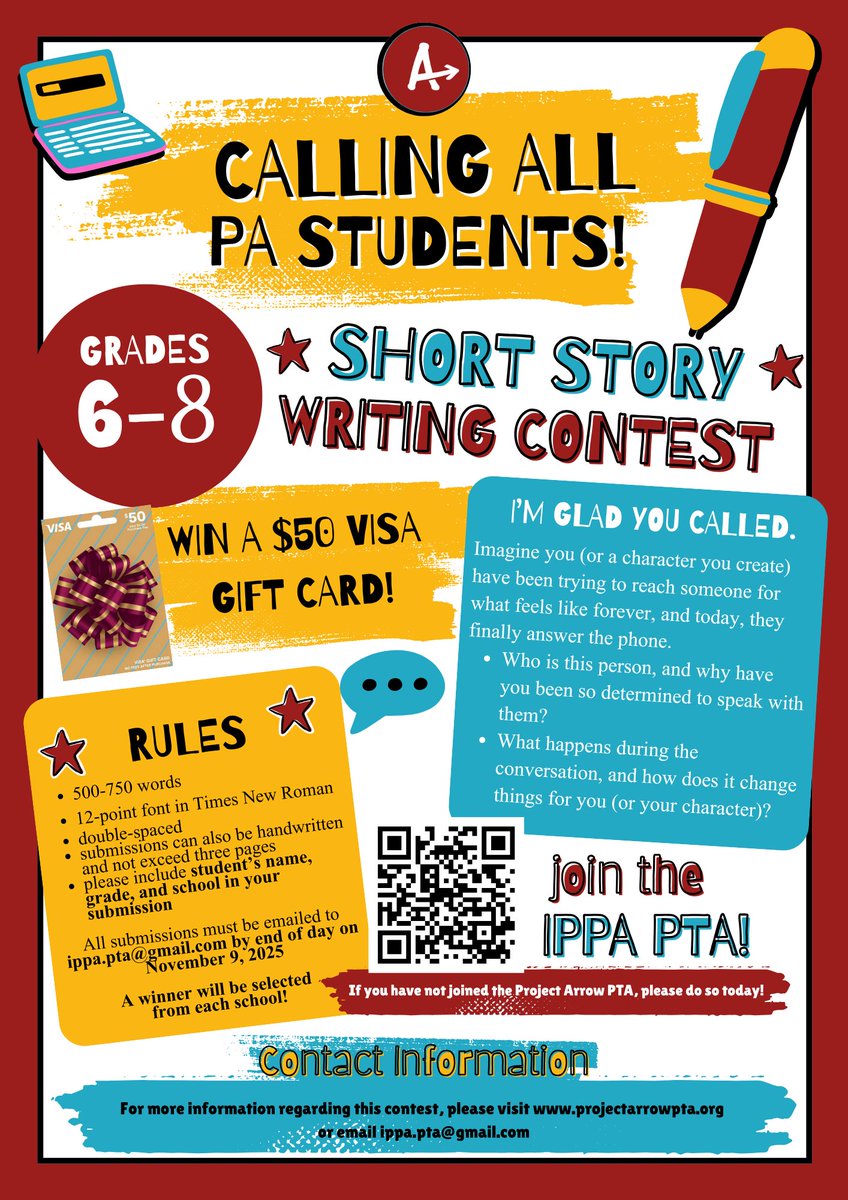 FRIENDLY REMINDER: SHORT STORY WRITING CONTEST OPEN FOR PA 3rd - 8th GRADERS!
The deadline is approaching on 11/19/2025. This is a great chance for students to practice and showcase their writing skills, earn a prize, and gain recognition for their school and among their peers!