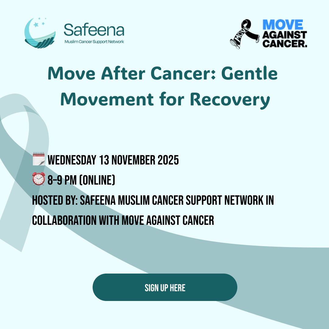 safeenamcsn's tweet photo. 🌿 Healing is more than physical — it’s faith, patience &amp; self-care.
Join Safeena x Move Against Cancer for Move After Cancer, an online session on gentle movement for recovery.

📅 Wed 13 Nov | ⏰ 8–9 pm | 💻 Online

✨ Sign up: https://t.co/1XVPRi1l3s 

#Safeena #CancerSupport https://t.co/sY4ACWb4ub