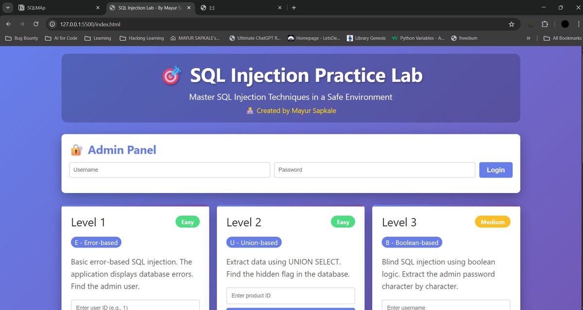 localhost12001's tweet image. Day 2/30 — Lab ✅ created but didn’t finish exploit today (busy with work).
Progress = setup done. Resume tomorrow with focused testing & blind SQLi.
Small win: lab ready = practice starts. 💪
#30DayChallenge #SQLMap #Infosec #MayurLearns