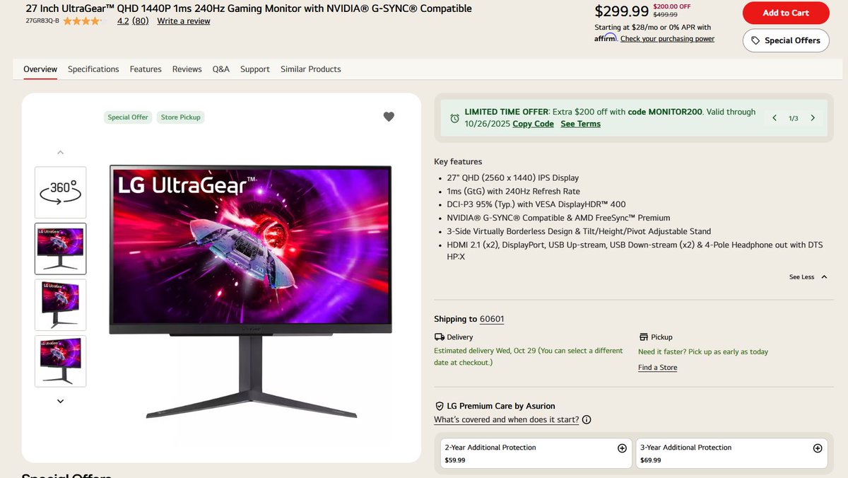 LG 27 Inch UltraGear QHD 1440P 1ms 240Hz Gaming Monitor with NVIDIA G-SYNC Compatible is $99.99 at LG w/ code MONITOR200 buff.ly/YW5LVrN #ad