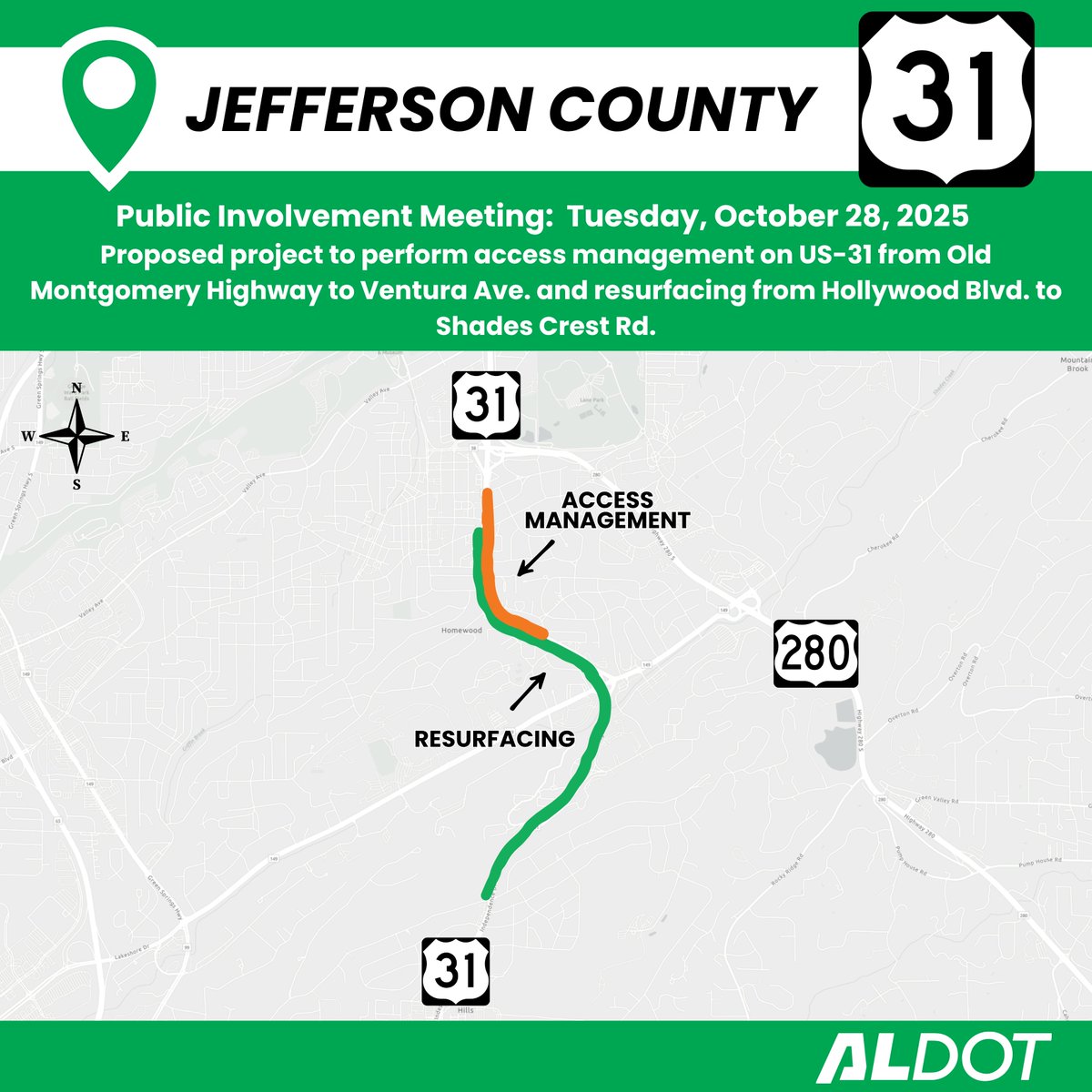 📷Public Involvement Meeting –
📷 Location: Homewood City Hall 
📷 Time: 4:00 p.m. – 6:00 p.m. 
📷 Address: 2850 19th St S, Homewood, AL 35209 

It's an open-house style meeting—drop in at your convenience to view project displays, ask questions.