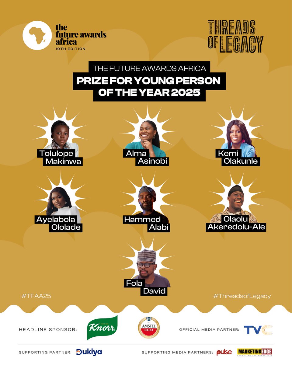 TFAAfrica's tweet image. Here they are! The nominees for The Future Awards Africa Prize for Young Person of the Year.

Their stories remind us that Africa’s future is not something we are waiting for. It is already here, and it is young.

#ThreadsOfLegacy #TFAA19 #NomineesUnveiling #YoungPerson