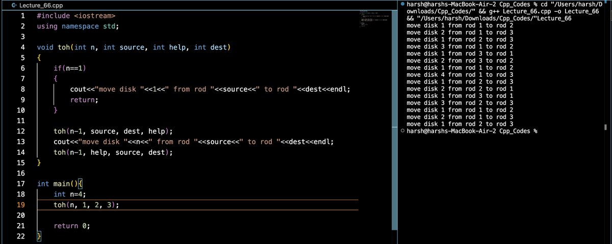 HarshJain_Coder's tweet image. Tower of Hanoi today… and recursion just flexed on my brain 🧠🔥
Day 53 – #100DaysOfCode
You don’t manually move N disks — you trust recursion to move N−1 and everything starts falling into place.
This problem doesn’t test coding.
It tests how you think.
#Recursion