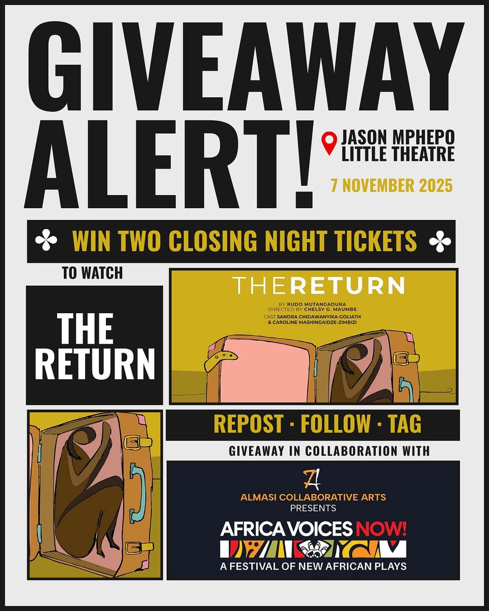 Tsu Sharapova (@focusontsu) on Twitter photo Giving away two closing night tickets in collaboration with <a href="/AlmasiArts/">Almasi Arts</a>. You and a friend could win the opportunity to watch The Return live at Jason Mphepo Little Theatre and meet the cast after the show. 
Enter here: instagram.com/p/DQJ_r_hDUSO/… Giving away two closing night tickets in collaboration with <a href="/AlmasiArts/">Almasi Arts</a>. You and a friend could win the opportunity to watch The Return live at Jason Mphepo Little Theatre and meet the cast after the show. 
Enter here: instagram.com/p/DQJ_r_hDUSO/…