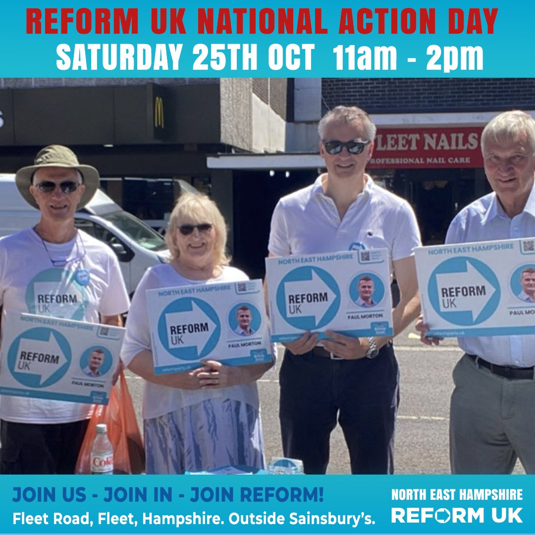 Join us for the Reform UK National Action Day 2025 in Fleet Road, Fleet, outside Sainsbury’s, this Saturday! From 11am – 2pm our team will be busy signing up new members as part of a campaign which will see all 450 Reform UK branches out meeting the public. Come and say hello,