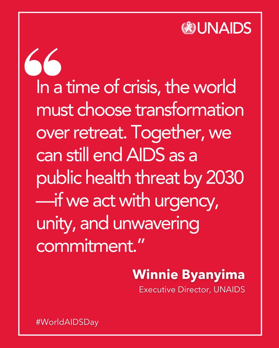 The theme of this year's #WorldAIDSDay is “Overcoming disruption, transforming the AIDS response."

In a time of crisis, the world must choose transformation over retreat. Together, we can still end AIDS as a public health threat by 2030—if we act with urgency, unity, and