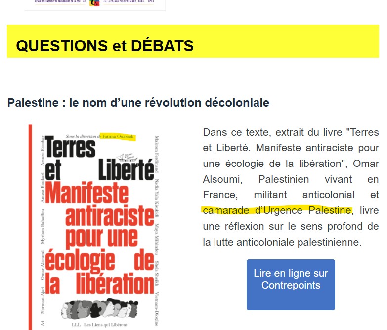 L'institut de recherches de la #FSU dérive. Le voilà qui fait la promotion d'un militant du collectif  "Urgence Palestine", rempli d'islamistes et antisémites. Et d'un livre de F. Ouassak. Elle accuse pourtant les enseignants d'être racistes...