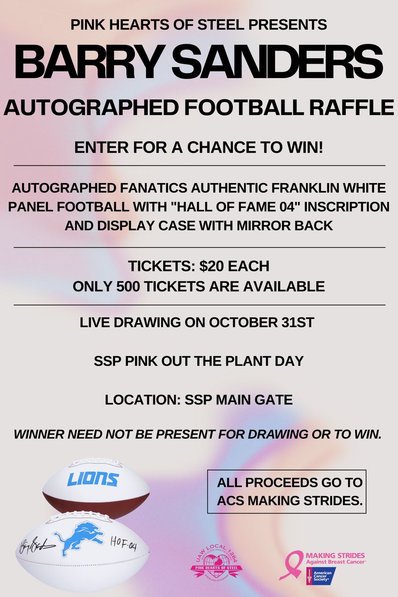 UAWLocal1264's tweet photo. 🎀🏈 Join us for Game Day Fundraiser (Oct 24) &amp; enter to WIN a Barry Sanders signed football 🎟️ (Drawing: Oct 31)!

🔥 $5 lunch, raffles, games, &amp; more
🎫 Raffle tix: $20 | Only 500 sold
💗 All proceeds go to ACS Making Strides

 #BreastCancerAwareness https://t.co/Qp3gCR4Lry