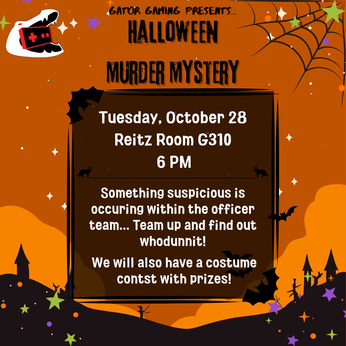 There is an imposter among us, can you find who it is?

On Tuesday, October 28 at 6 PM in Reitz Room G310, we will be hosting a murder mystery and a costume contest!

Team up and figure out whodunnit, and wear your costumes for our costume contest!

Hope to see you there!