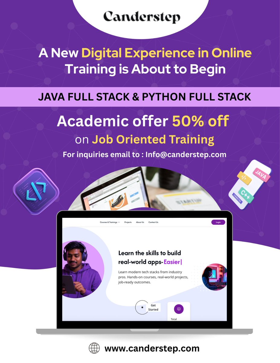 canderstep's tweet image. Canderstep’s Job-Oriented Training Programs in
💻 JAVA Full Stack &amp;amp; PYTHON Full Stack Development!

✨ Special Academic Offer — 50% OFF!
📩 For inquiries: info@canderstep.com

🌐 Visit: canderstep.com

#Canderstep #FullStackDevelopment #JavaFullStack #PythonFullStack