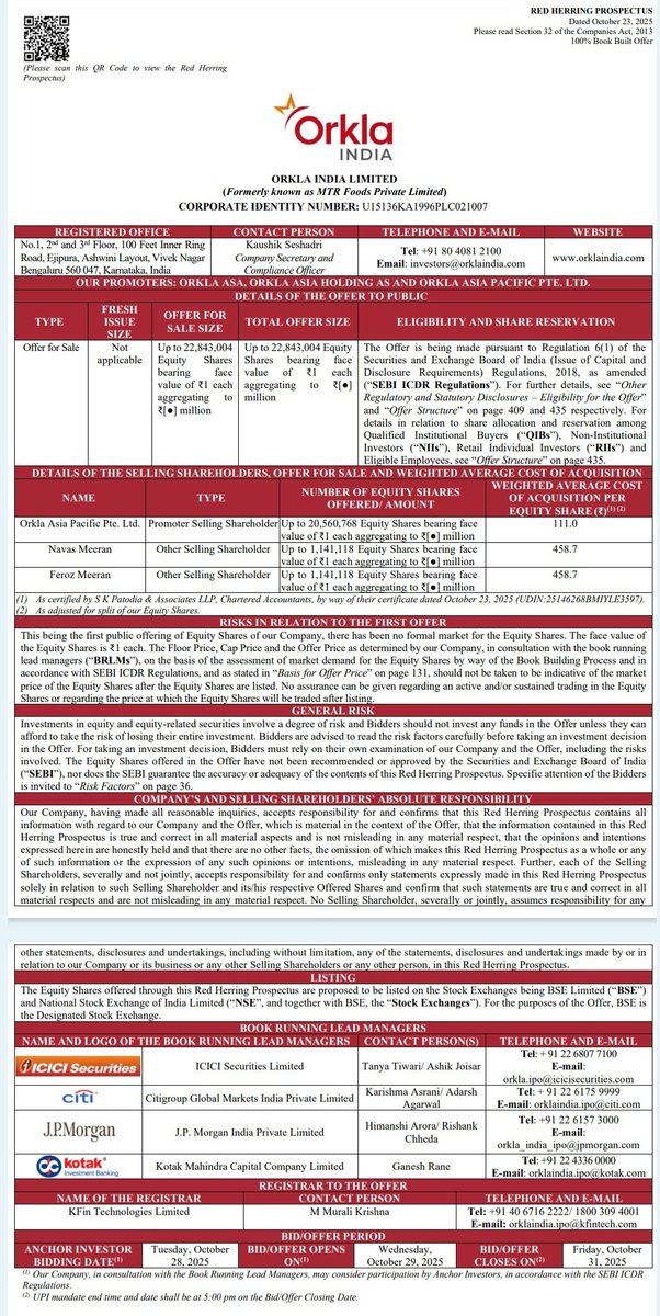 ipo_in's tweet photo. 🚨BREAKING IPO KING News🚨

Orkla India Limited filed RHP with SEBI on 23-Oct-2025 for IPO

Issue Date : 29 to 31-Oct, 2025
Fresh : -
Ofs : 22,843,004 Shares
Retail : 35%.
FV : ₹1

#IPO #IPOAlert #IPOKing #IPOTracker #MTRFoodsIPO https://t.co/oOm1ojCv5y