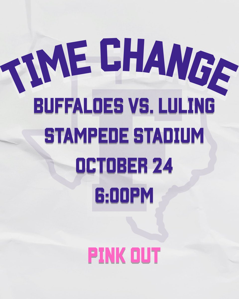Due to possible weather concerns, our district football game tomorrow (October 24th) vs. Luling has been moved from 7:00 PM to 6:00 PM.

#FAMILY