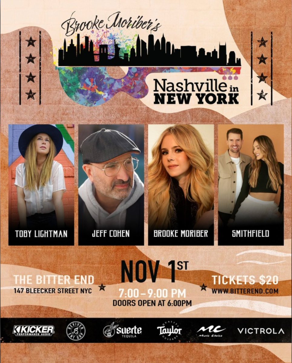 revivermusic's tweet photo. Nashville In New York is back Nov. 1 at The Bitter End! 

🎸 Lineup: #TobyLightman, #JeffCohen, #BrookeMoriber &amp; #Smithfield 

All ages | Doors 6:30 pm Tix: https://t.co/CiMwmOzzcm 

#NashvilleInNY #TheBitterEnd #NYC https://t.co/tHe9uqCArQ