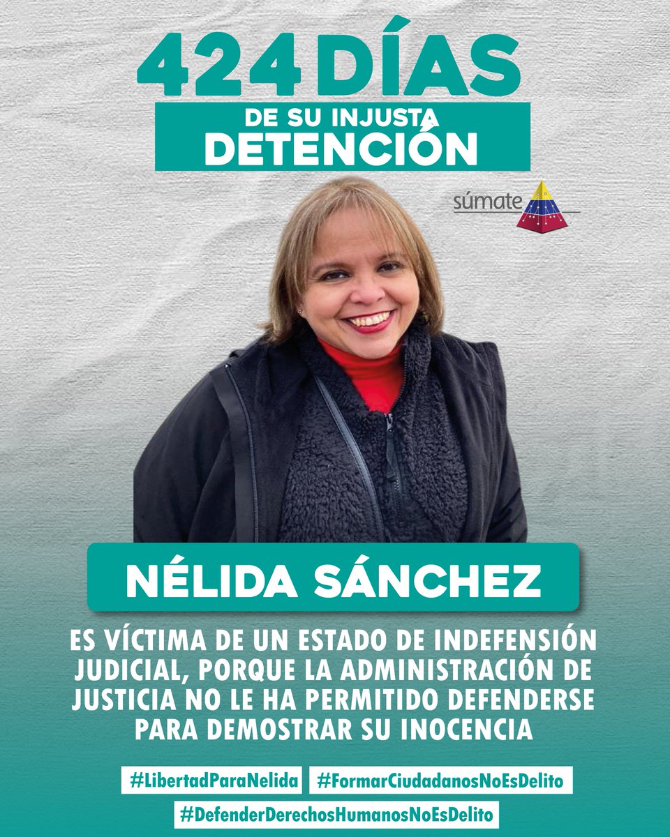 Nélida Sánchez, Coordinadora Nacional de Formación Ciudadana Electoral, hoy #23Octubre tiene 424 privada de su libertad personal.

Es víctima de un estado de indefensión judicial, porque la administración de justicia no le ha permitido defenderse para demostrar su inocencia.

En