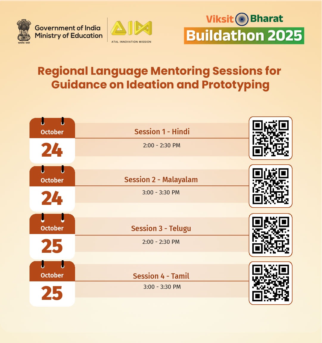 EduMinOfIndia's tweet image. 📢 Attention #ViksitBharatBuildathon2025 participants!
Regional Language Mentoring Sessions are being organised to guide students on ideation and prototyping, helping young innovators refine their ideas and bring them closer to reality. 
Everyone associated with the Buildathon…