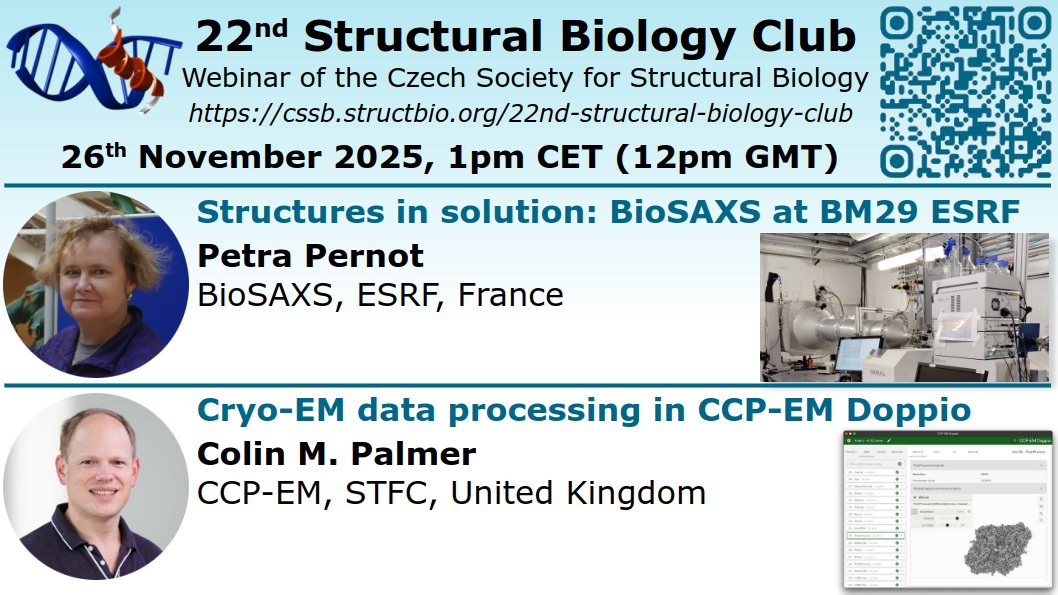 structbio_cssb's tweet image. 22nd Structural Biology Club online on 26th November 2025, 1pm CE: Structures in solution: BioSAXS at BM29 ESRF
by Petra Pernot & Cryo-EM data processing in CCP-EM Doppio
by Colin M. Palmer cssb.structbio.org/22nd-structura…
