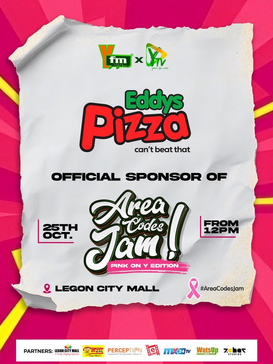 Y1079FM's tweet image. Official Sponsor for #AreaCodesJam25 @eddyspizzaghana 

📍Legon City Mall
🗓️ Saturday, 25th October 2025
⏰ 12 Noon till late

#AreaCodesJam #PinkOnY #PinkAreaCodesJam #yfmghana