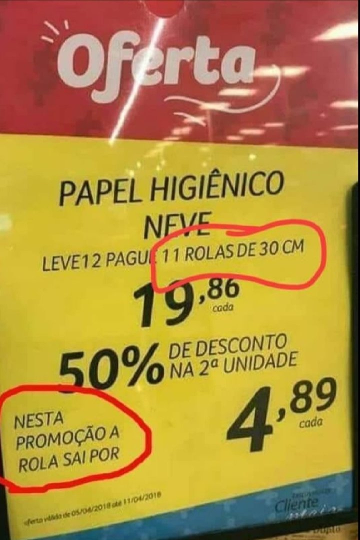 Yellow promotional sign from a supermarket advertising a deal on Neve brand toilet paper rolls measuring 30 cm, stating to take 12 and pay for 11 with the pack priced at 19.86 and individual rolls at 4.89, featuring a 50 percent discount on the second unit, and including details like offer valid from 04/01 to 04/19 for clients.