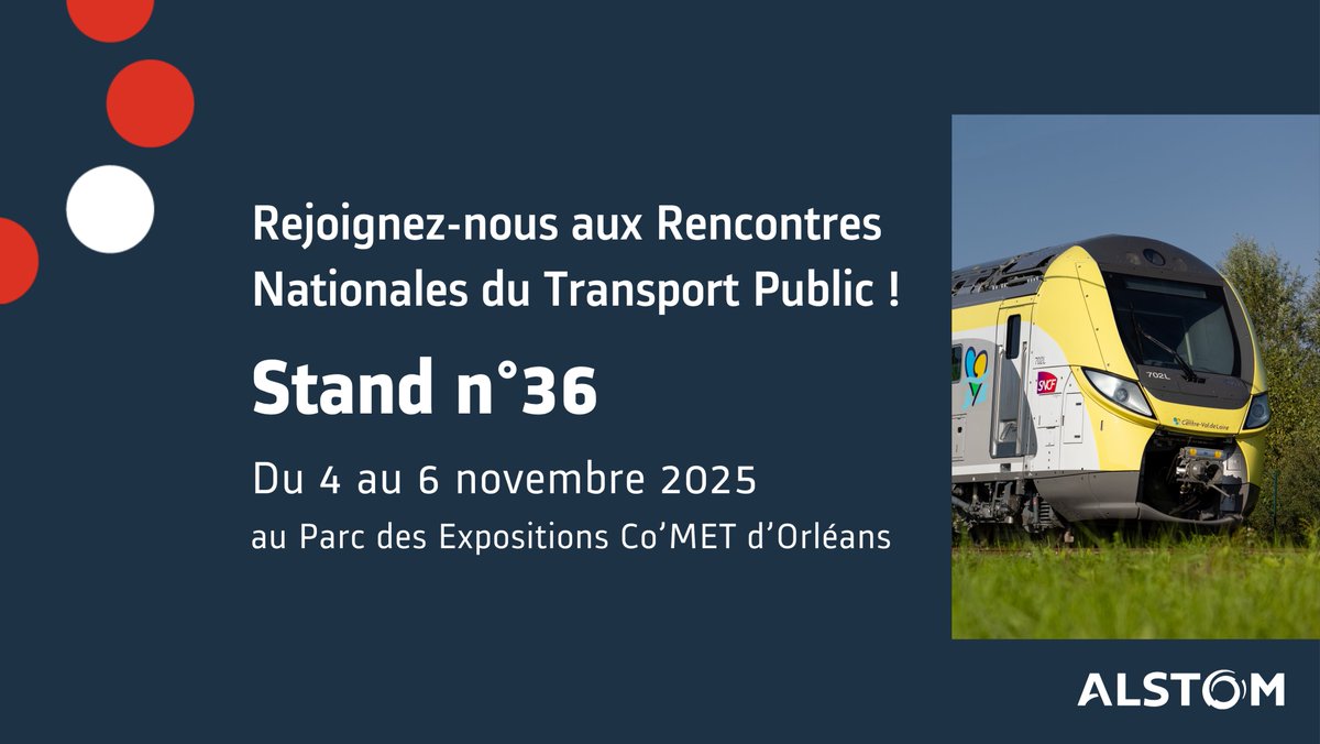 Nous serons présents aux #RNTP2025 du 04 au 06/11 à Orléans !
Venez échanger avec la #TeamAlstom autour de nos solutions innovantes pour une mobilité durable, dont fait partie l’#Omneo qui circule depuis 2015 en région Centre-Val de Loire🚆
📍Stand n°36
➡️ow.ly/wfER50XgZbt
