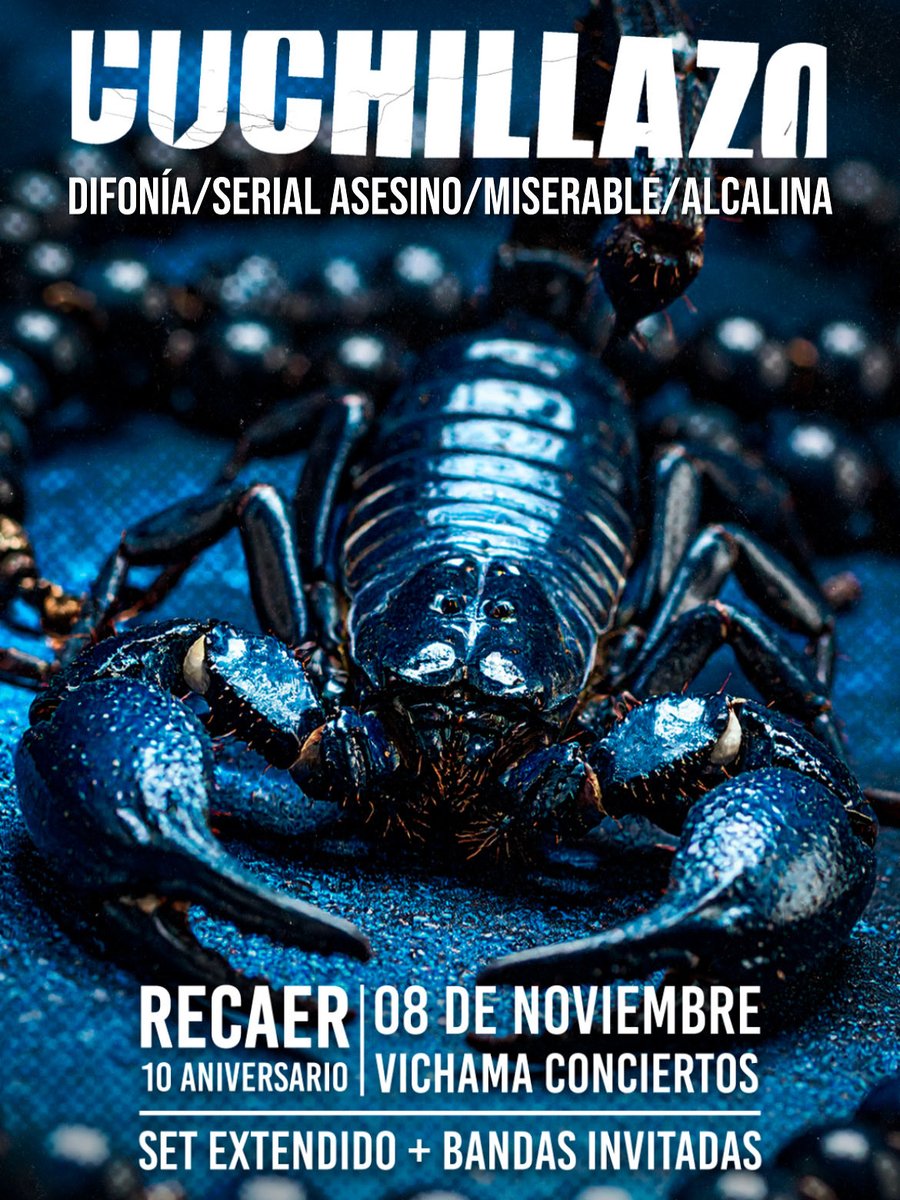 Cuchillazo - Recaer 10 años, concierto histórico de aniversario, junto a Difonía, Serial Asesino, Miserable y Alcalina. Sábado 8 de noviembre en Vichama Conciertos, Lima. Entradas en cuchillazo.com!

#concierto #rock #peru #rockperuano