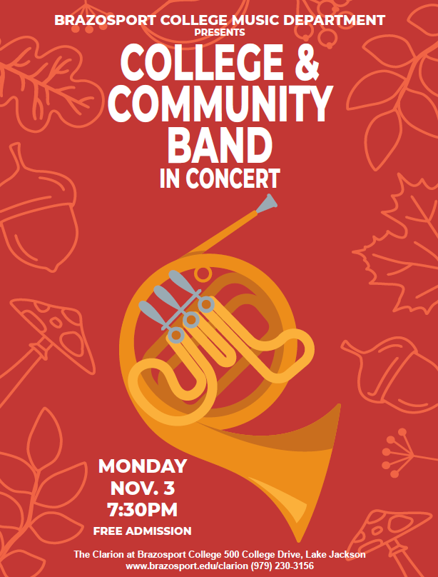 TheClarionatBC's tweet photo. 🎶 Join us for an unforgettable evening of music! 🎶

The Brazosport College &amp; Community Band takes the stage Monday, November 3, 2025, at 7:30 PM at The Clarion at Brazosport College.

Free admission! No tickets required!

#BrazosportCollege #CommunityBand #LiveMusic #TheClarion https://t.co/6W4np9qswY
