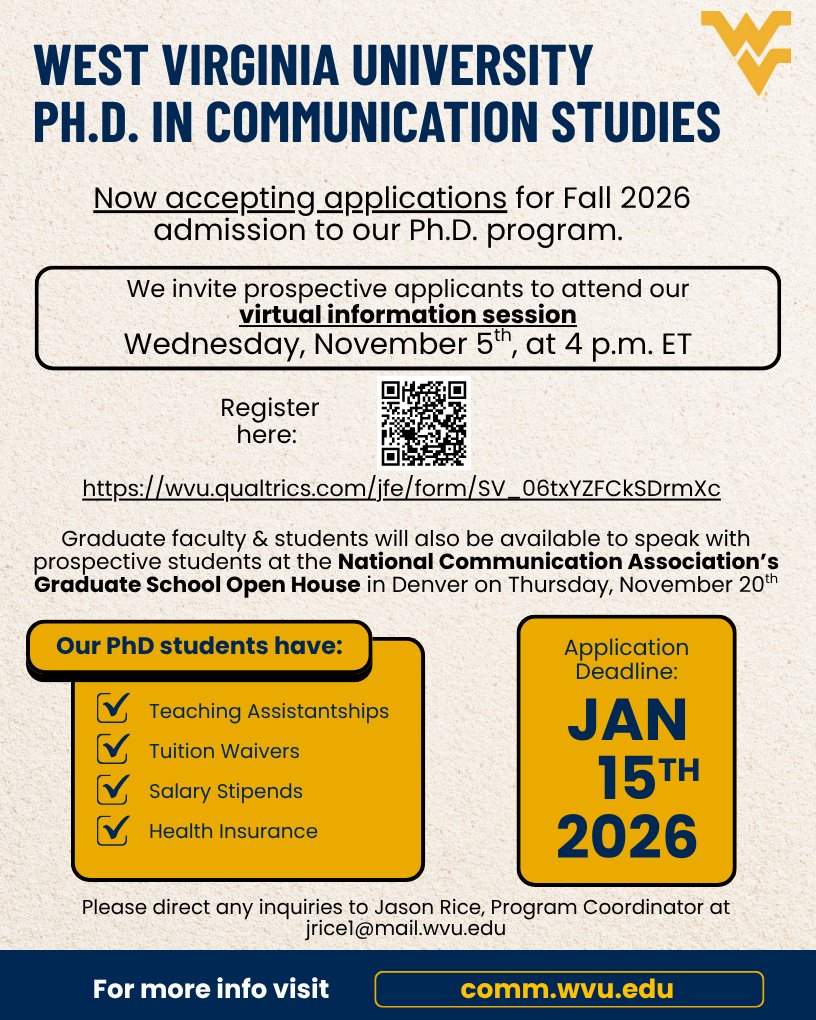 Virtual Information Session for Ph.D. program Weds Nov 5 at 4pm.  Register here: wvu.qualtrics.com/jfe/form/SV_06…
