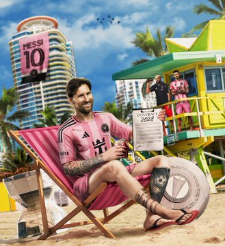 First image shows Lionel Messi sitting relaxed in a striped beach chair on sand, wearing a pink Inter Miami jersey with number 10, tattoos visible on arms and legs, holding a document labeled Contract 2023 in one hand and a drink in the other, with feet in flip-flops, a large soccer ball nearby, palm trees and a yellow building with Messi 10 sign in the background under a blue sky. Second image depicts Lionel Messi on a green field during training, dressed in pink Inter Miami training shirt and black shorts, tattoos on legs, running with one leg extended kicking a white soccer ball with green and blue patterns, another player in pink gear visible behind him, wearing orange and white sneakers.