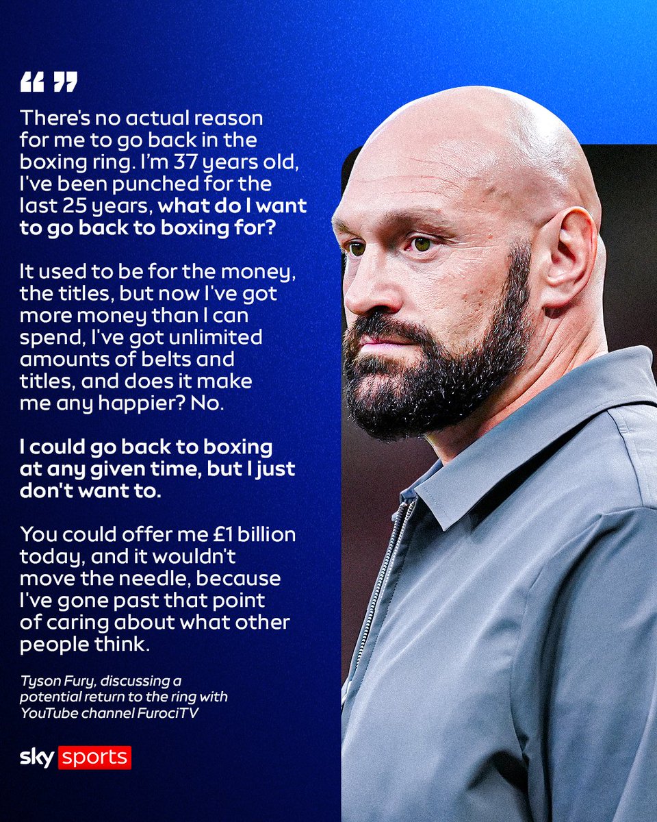 SkySportsBoxing's tweet image. Tyson Fury has claimed his most recent retirement from boxing will remain permanent this time, saying he has &quot;no reason&quot; to return even if offered £1bn 🗣️