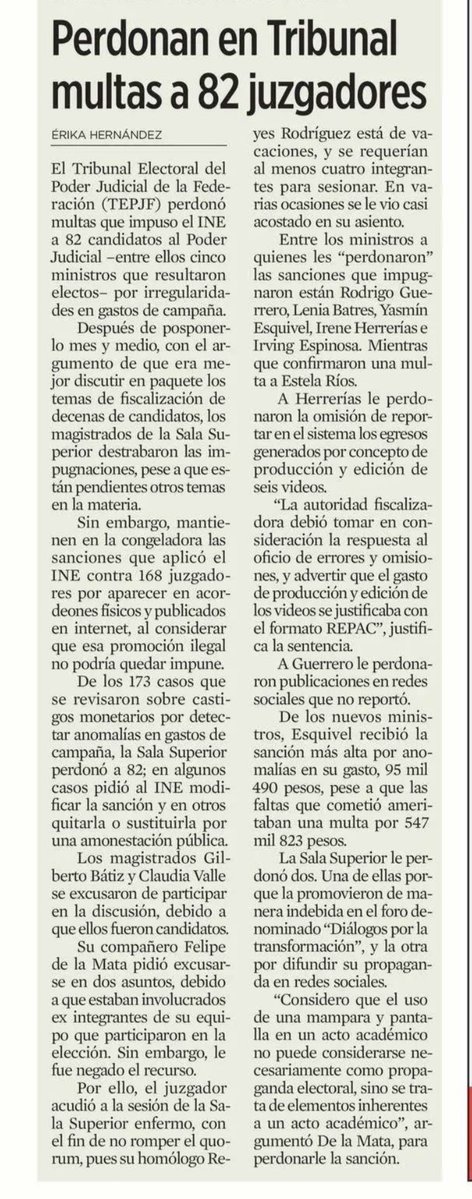 Marangeles29's tweet image. #PoderJudicial. #TribunalElectoral perdona multas que INE impuso a 82 candidatos al Poder Judicial, entre ellos Ministros(as) de la #Corte: Rodrigo Guerrero, Lenia Batres, Yasmín Esquivel, Irene Herrerías e Irving Espinosa. ¿A alguien le asombra?
#ElecciónJudicial Vía 🗞️…