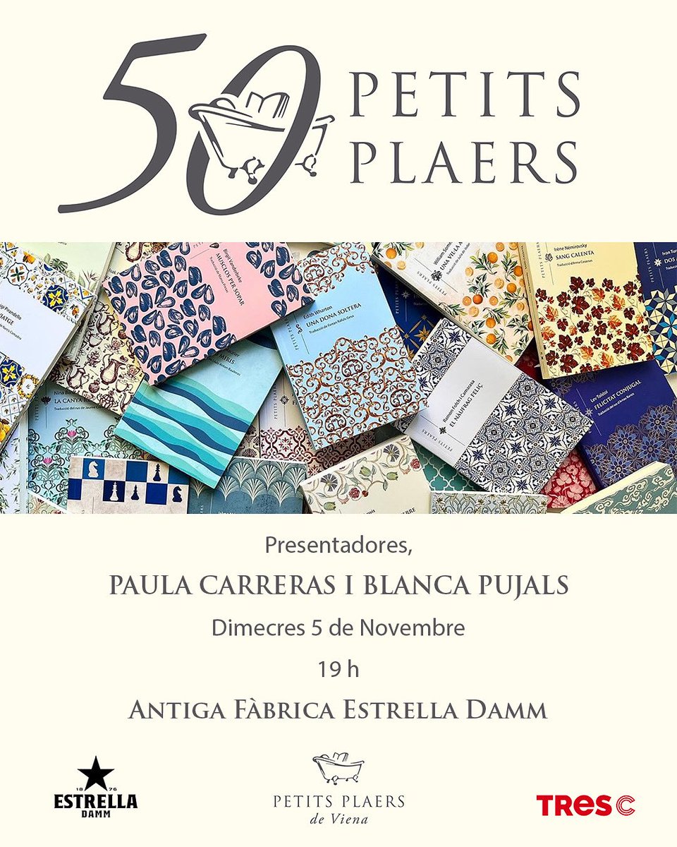 Celebrem la publicació dels 50 Petits Plaers ❤️📚🛁

Presenten Paula Carreras i Blanca Pujals

⏰19h
📆 dimecres 5 de novembre 
📍l’Antiga Fàbrica d’Estrella Damm

Places limitades, entrada gratuïta. Cal apuntar-se: 

tresc.cat/f/84149/50-pet…
