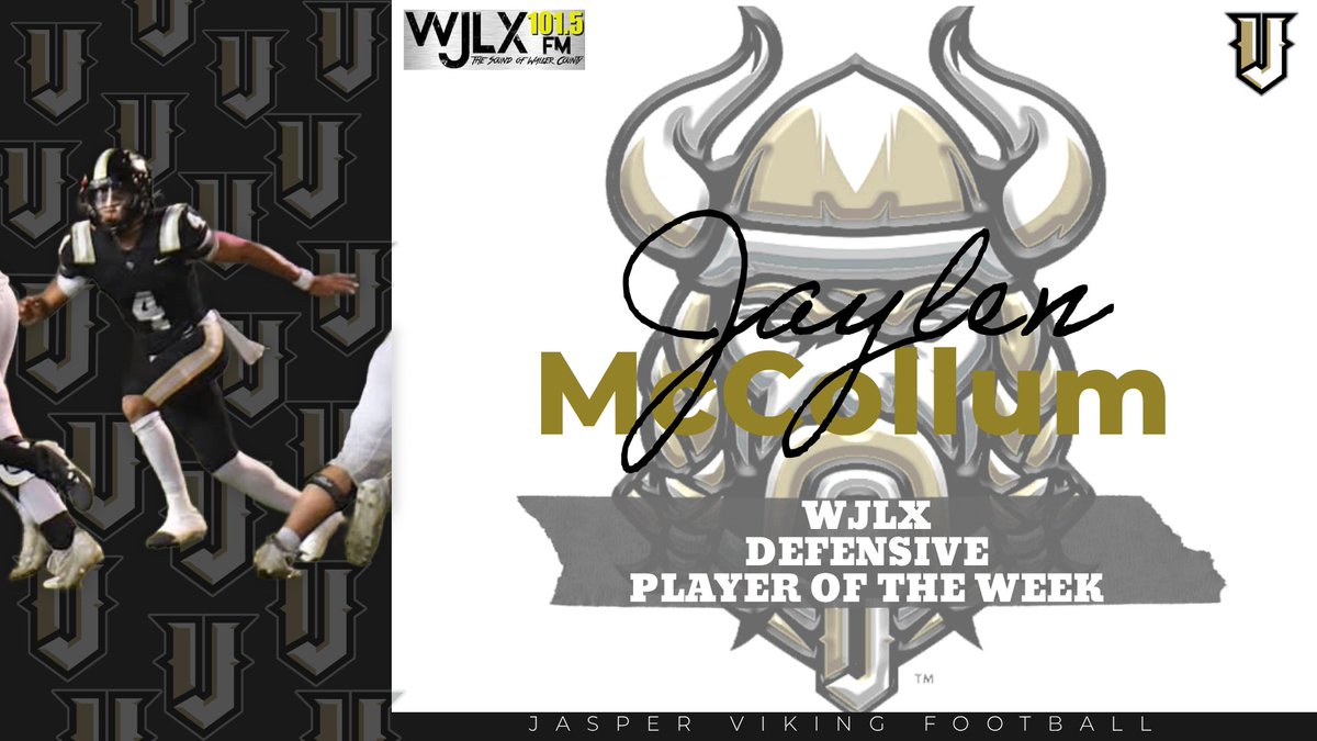 Congratulations to our Jr Defensive Back Jaylen McCollum for being WJLX Defensive Player of the Week!! Jaylen had 6 tackles, an interception, and a fumble recovery in Friday night's game against Hartselle. 
Great Job Jaylen‼️🖤💛⚔️
#JHS #VikingFootball #WJLX #POTW #JaylenMcCollum