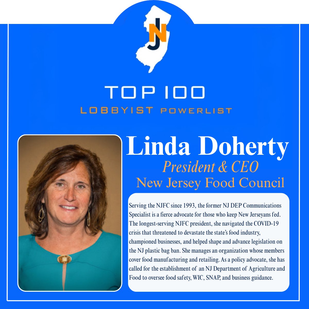 Congratulations to NJFC President &amp; CEO Linda Doherty for being named to the <a href="/INSIDER__NJ/">Insider NJ</a> 2025 Insider 100: Lobby Power List! A well-deserved recognition of her leadership &amp; dedication to advancing positive policy for NJ’s food industry.  #InsiderNJ #TopLobbyists #Leadership
