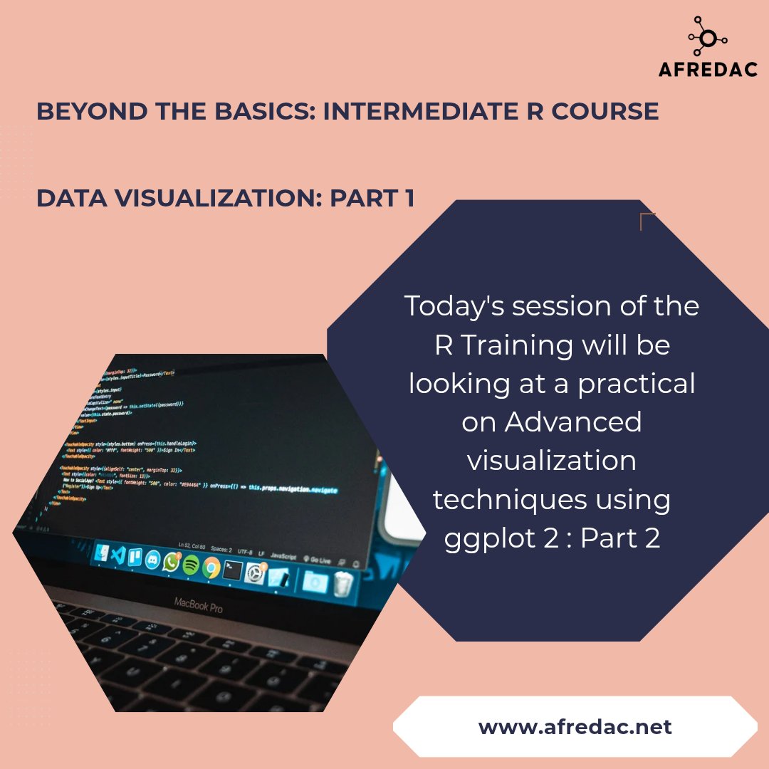 Welcome to today's session of the Intermediate R Training where we will be focusing on practical on Advanced visualization techniques using ggplot 2 : Part 2

Sign up today at afredac.net/intermediate-r…

#Afredac #AfredacUbuntuPlatform #RforFunClub #RCommunity #ggplot2 #Data