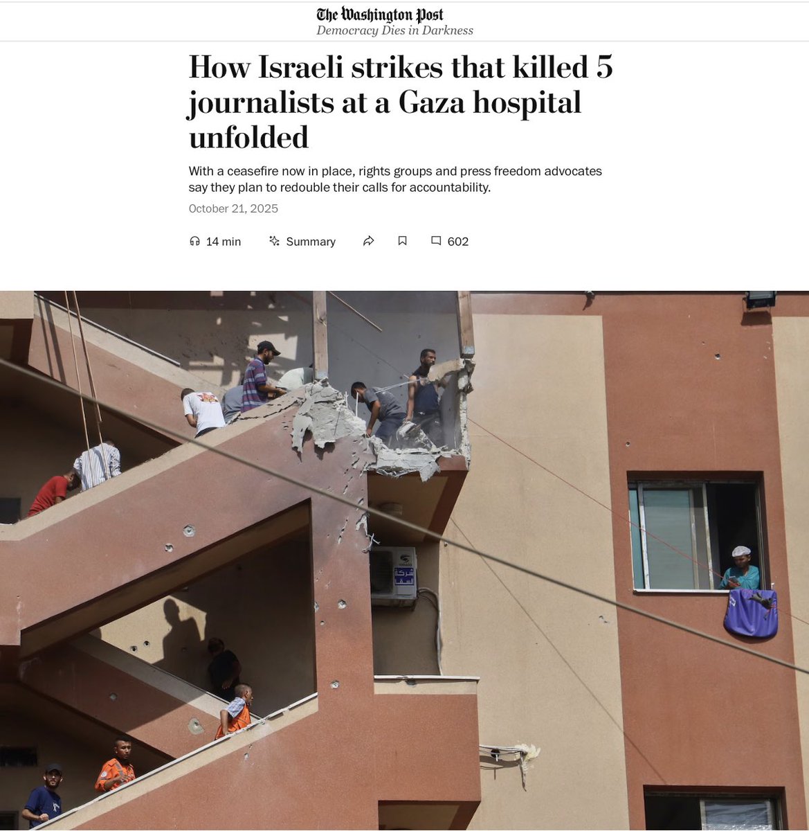 Netanyahu again: “A tragic mishap.” 

I provided analysis to Reuters and <a href="/washingtonpost/">The Washington Post</a> in their extensive investigations into Israel’s strikes on Nasser Hospital that killed 22, including journalists and first responders, all while being live streamed on Arabic news and with